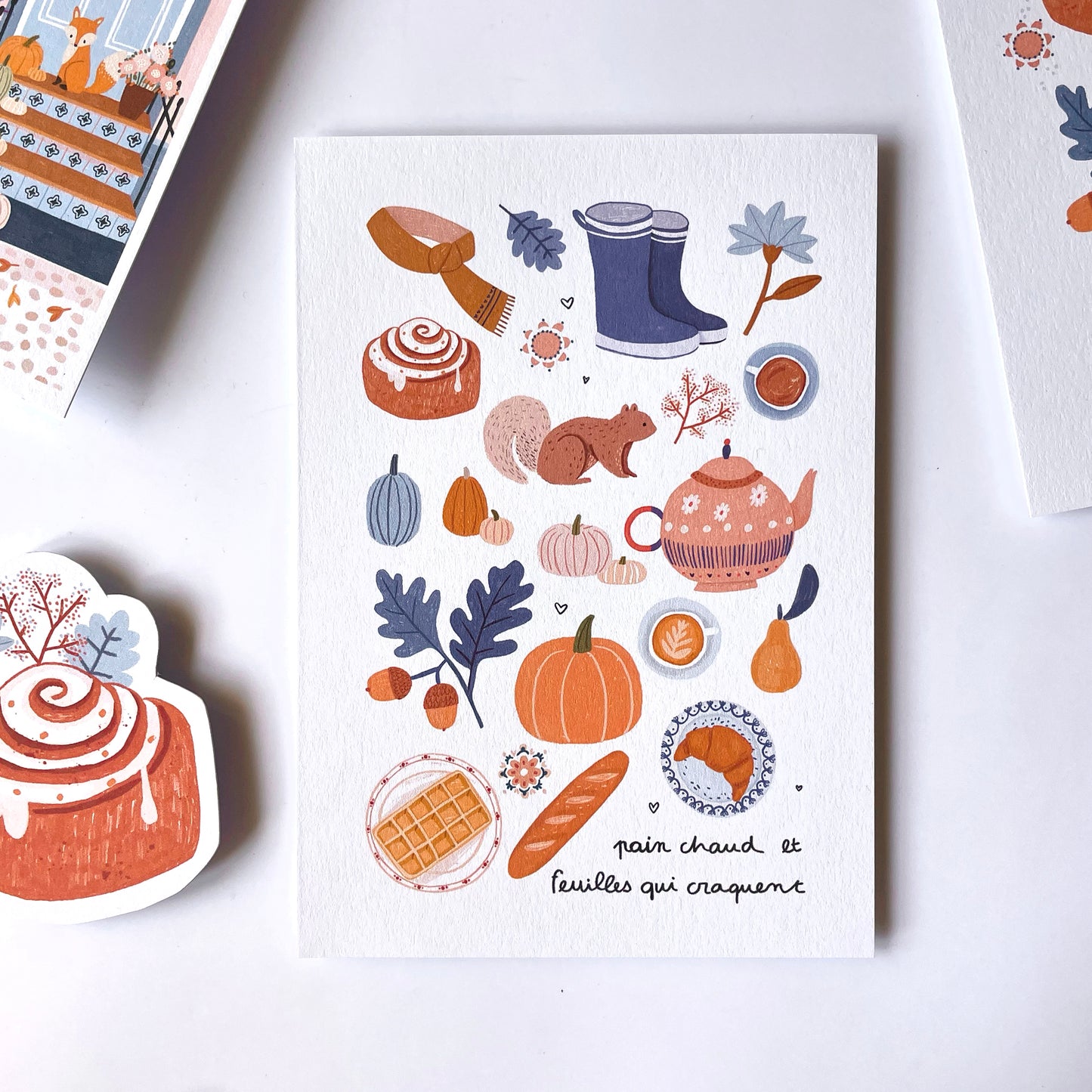 carte A6 illustrée - "pain chaud et feuilles qui craquent"