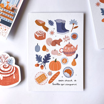 carte A6 illustrée - "pain chaud et feuilles qui craquent"