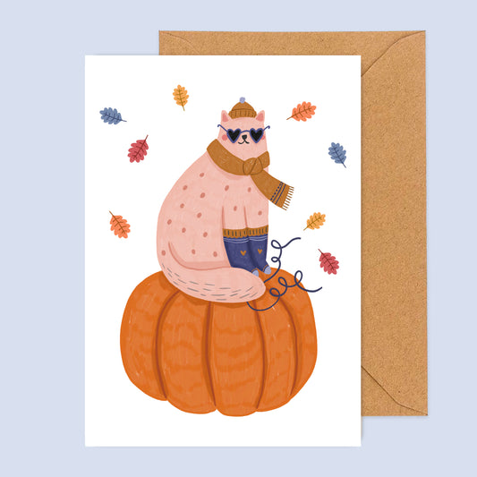 carte A6 illustrée - chat d'automne