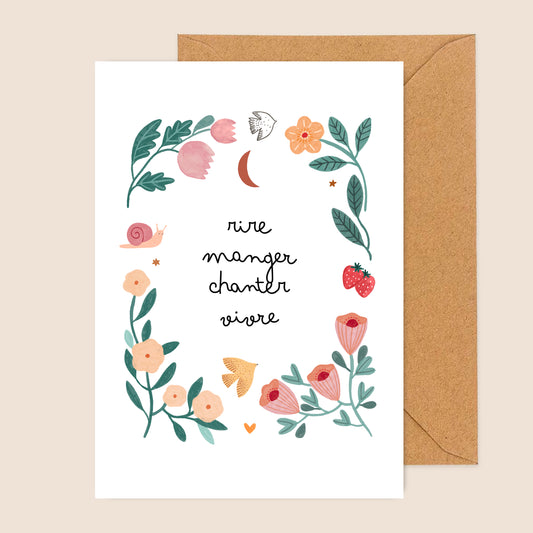 carte A6 illustrée - Rire, manger, chanter, vivre